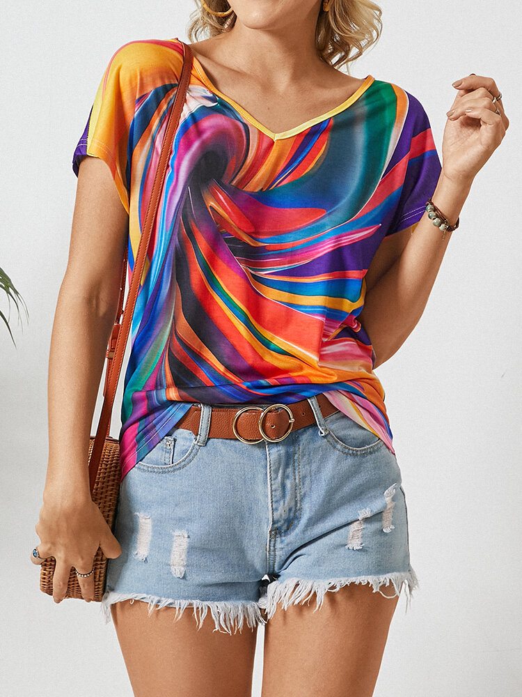 Multi-color Print Short Sleeve V-neck Casual T-Shirt For Women