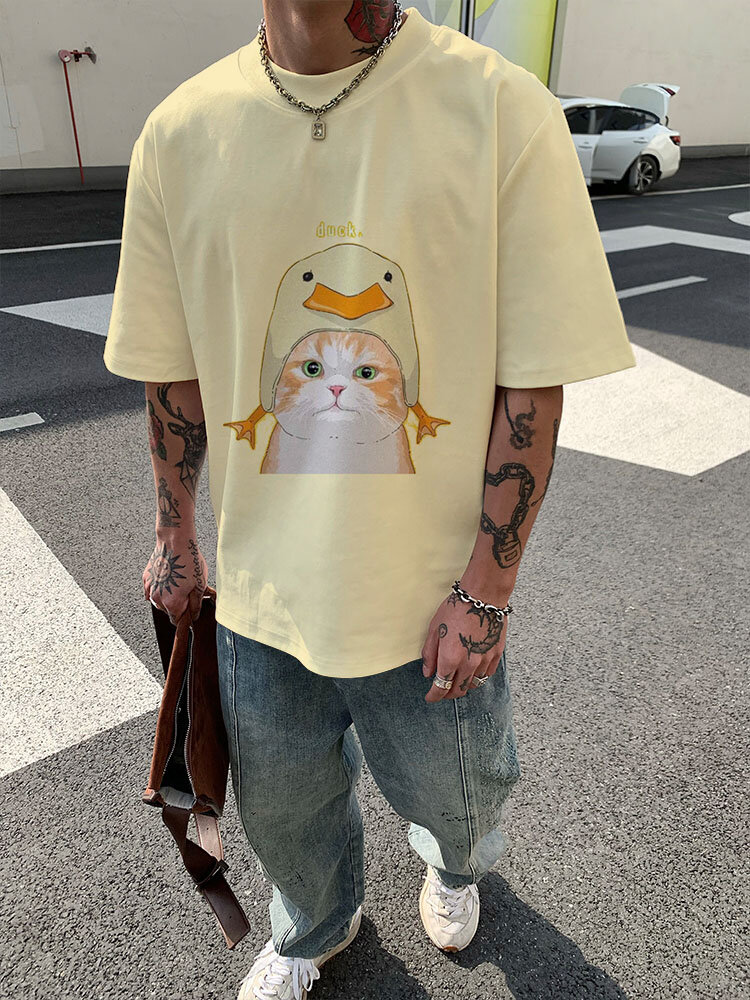 Mens Cartoon Duck Cat Print Crew Neck Short Sleeve T-Shirts