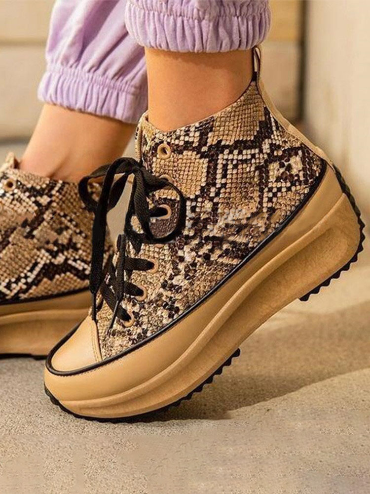 Large Size Women Lace-up Snakeskin Leopard High Top Platform Sneakers