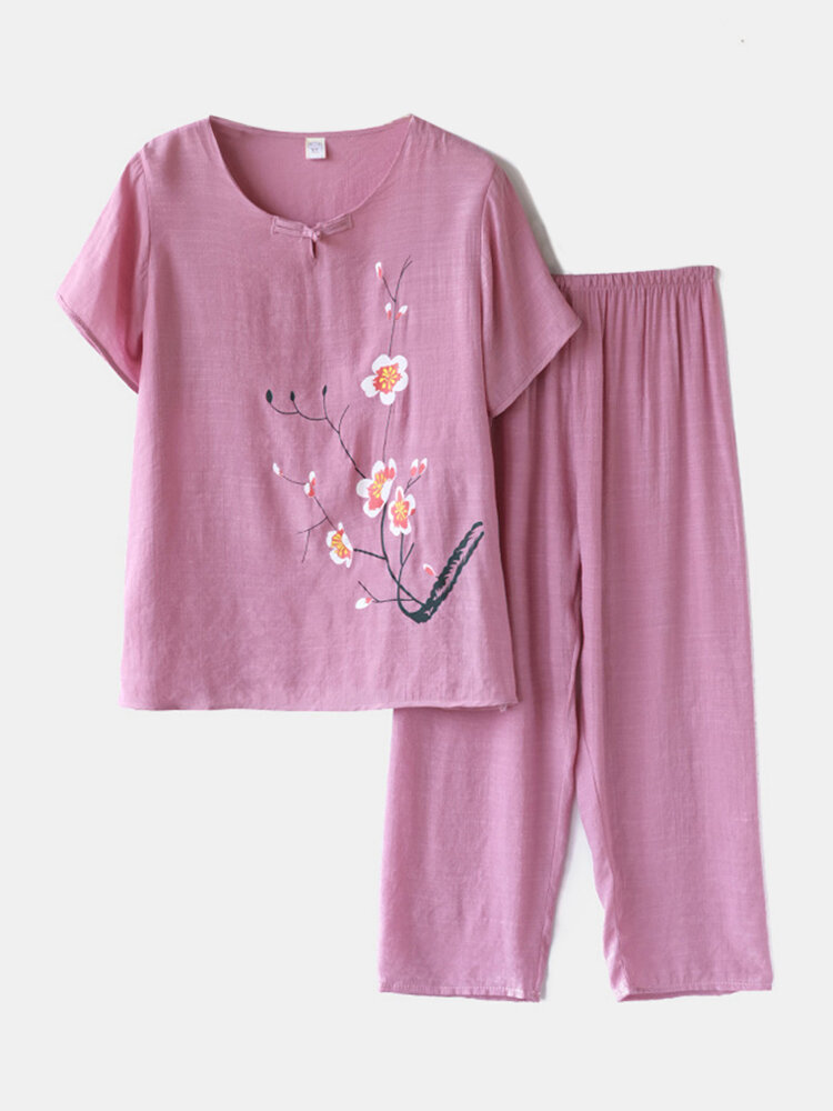 Damen-Blumendruck-Loungewear-Set, atmungsaktiver Mandarin-Knopf, lockerer Pyjama