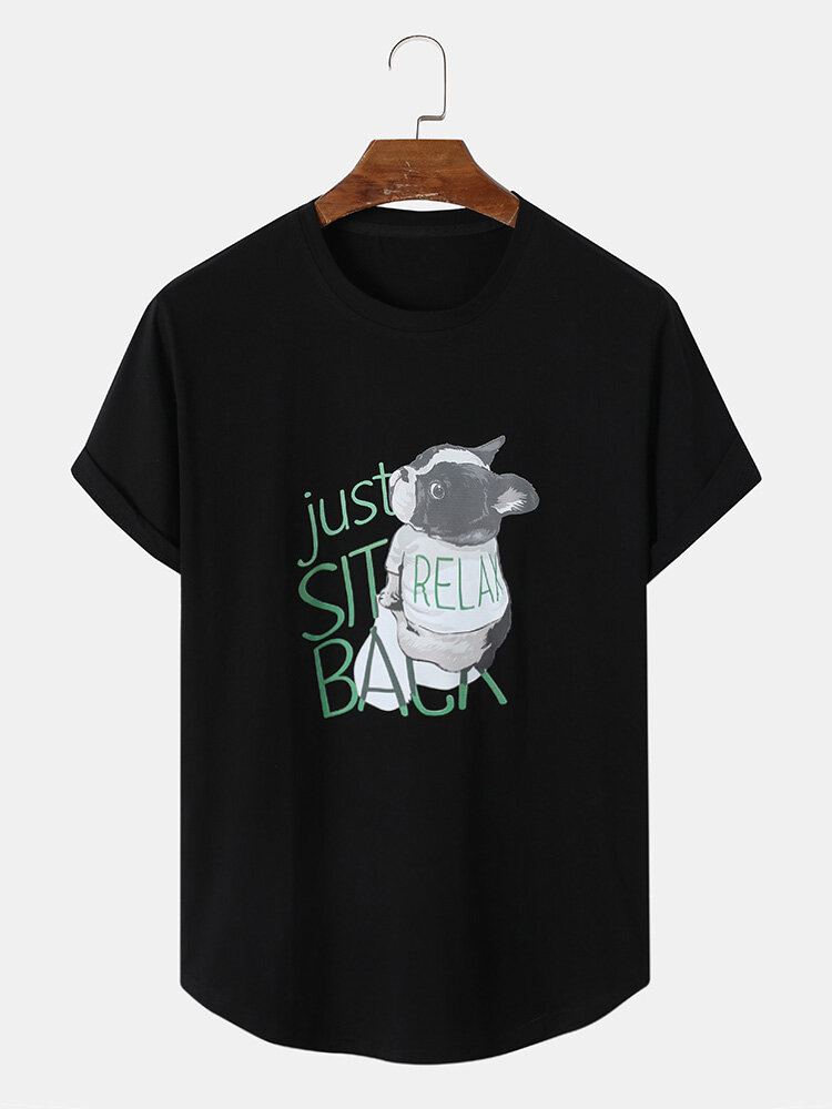 Mens Letter & Dog Print Crew Neck Short Sleeve Curved Hem T-Shirt