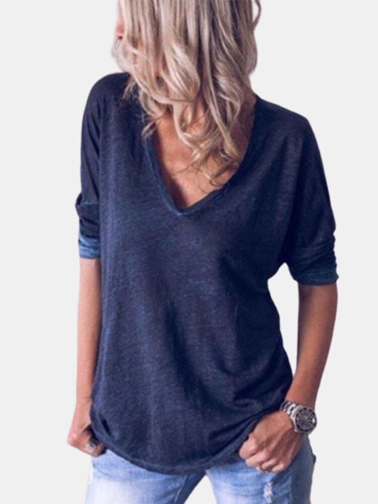 Solid Color Long Sleeve V-neck T-shirt For Women