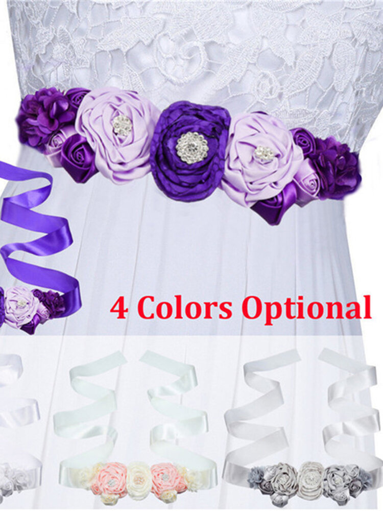 

Beauty Kids Flower Girl Satin Silk Flower Sash Belt Wedding Dress Waist Belt, White