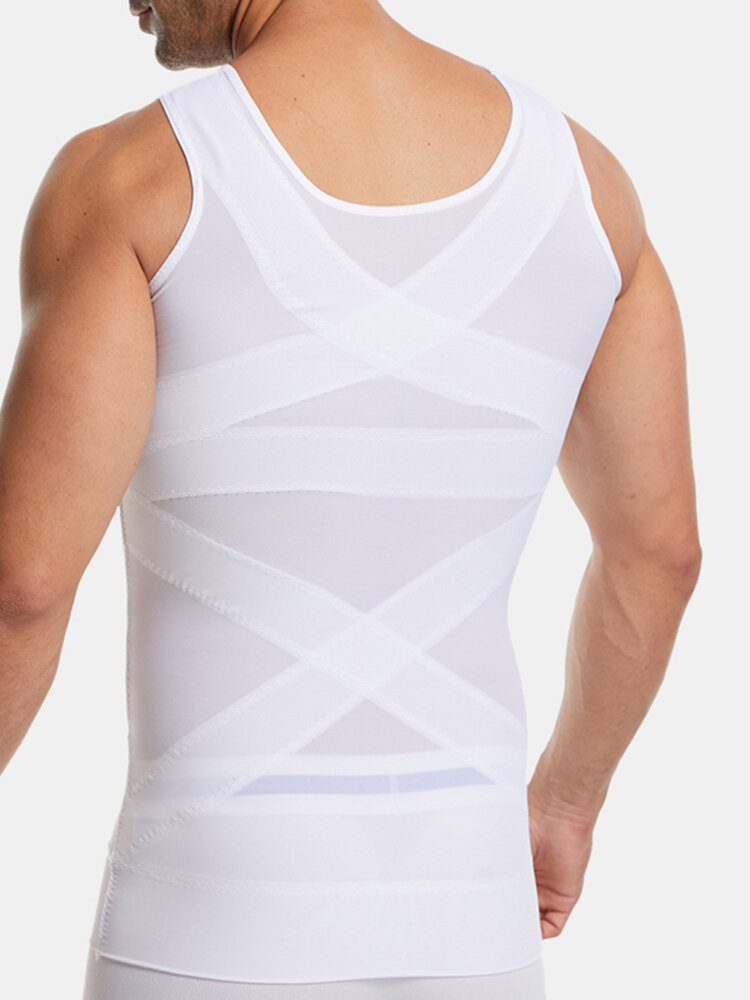

Men Body Control Hasp Abdomen Control Breathable Mesh Shaper Vest X Back Shapewear Undershirts, Black;white