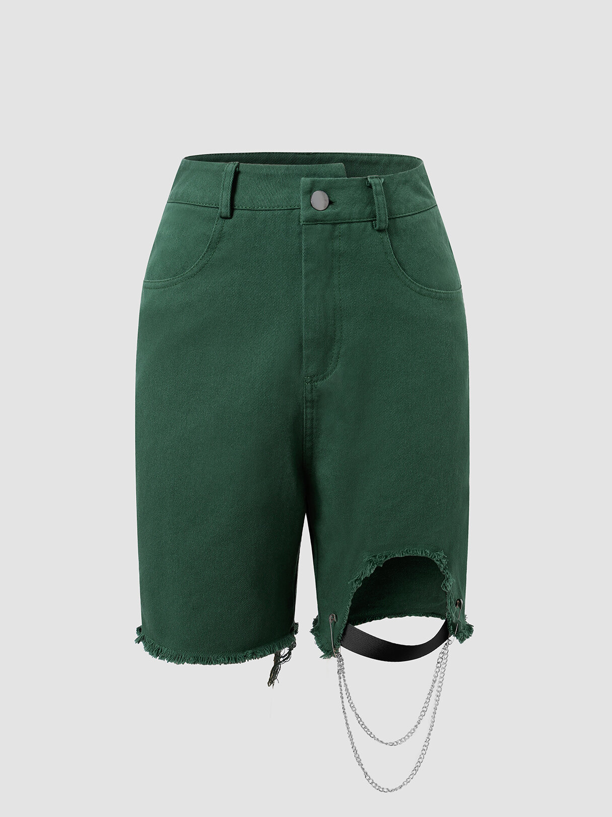 Solid Irregular Hem Chain Pocket Zip Denim Shorts
