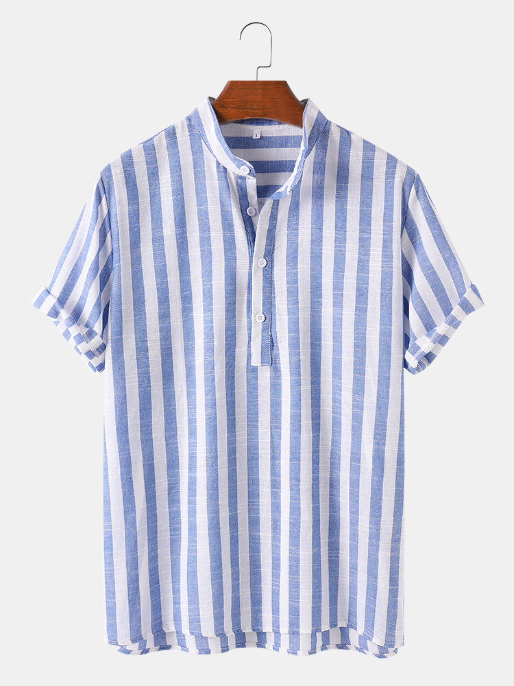 Mens Striped Print Breathable Short Sleeve Summer Henley Shirts