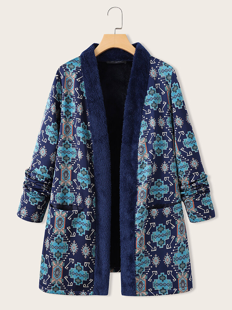 Plus Size Vintage Ethnic Pattern Pocket Casual Women Coat