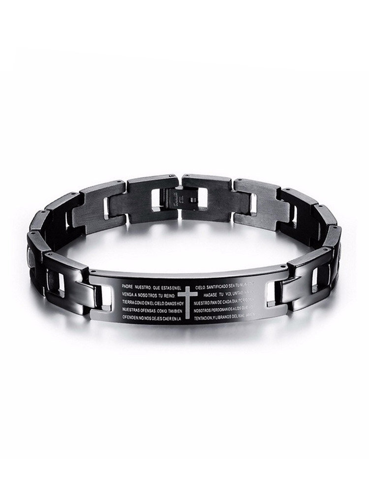 Trendy Cross Bible Words Black Titanium Bracelet Steel Healing Magnet Bracelets for Men Gift