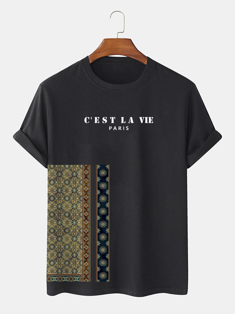 T-shirt da uomo a maniche corte patchwork con stampa di lettere geometriche etniche