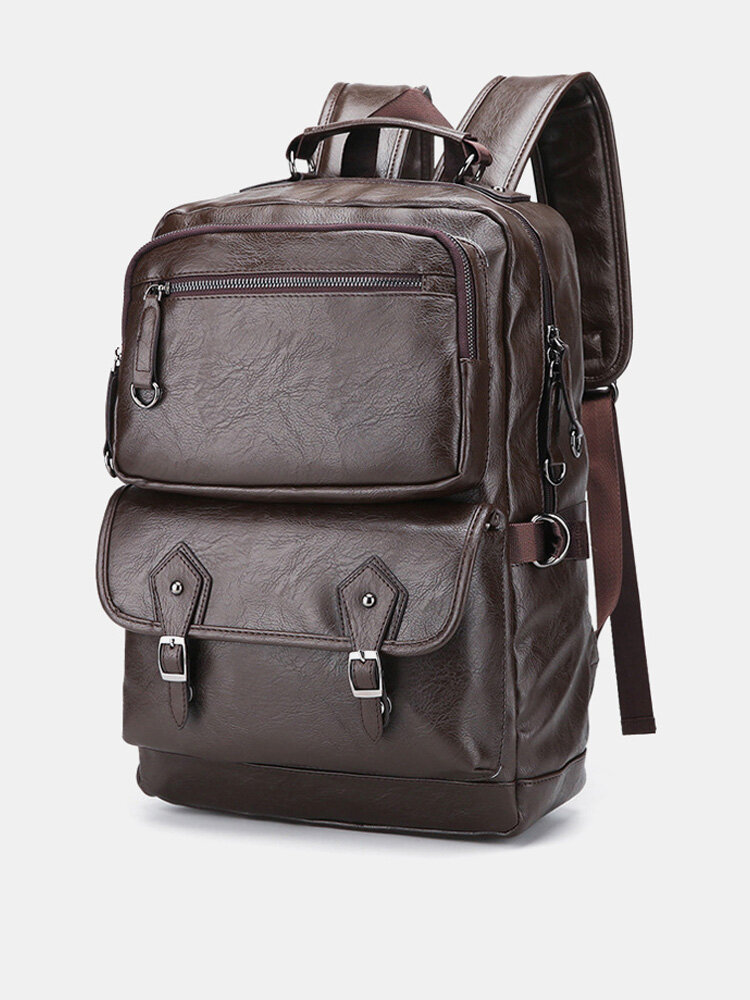 Men Vintage PU Leather Multi-pocket Large Capacity Backpack