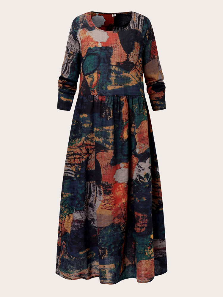 Plus Size Ethnic Pattern O-neck High Waist Vintage Print Dress