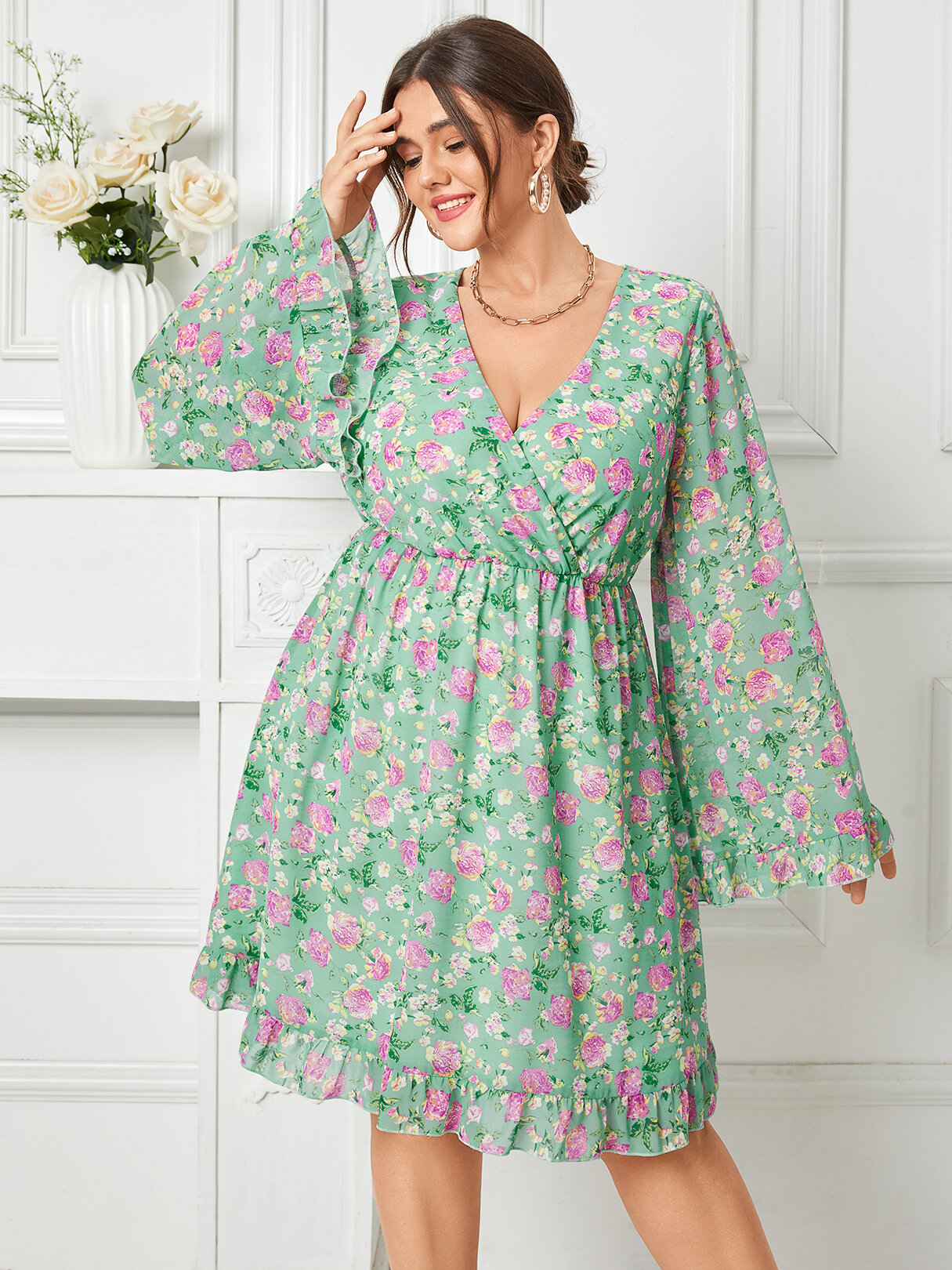 Plus Size Ditsy Floral Print Wrap Design Ruffle Trim Chiffon Midi Dress