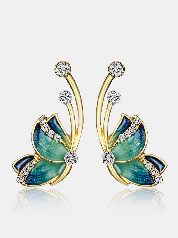 Luxury Butterfly Gold Earrings Sweet Ceramic Rhinestones Crystal Earrings Elegant Gift for Women