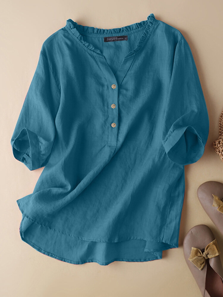 Damen-Bluse aus Baumwolle mit 3/4-Ärmeln, einfarbig, Rüschenkragen und halber Knopfleiste