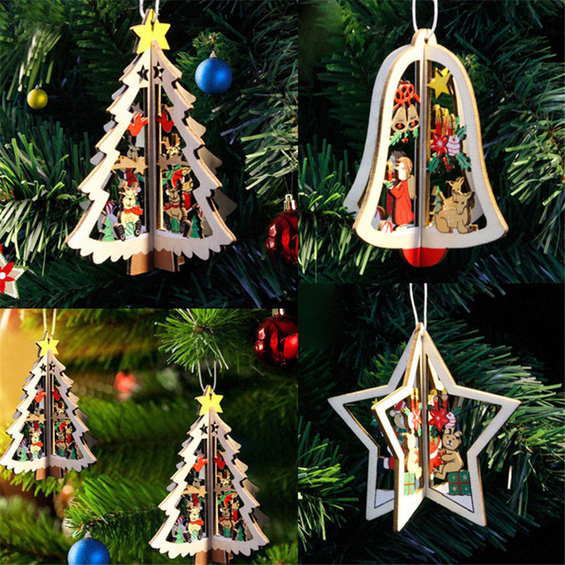 Natal 3D Pingente de madeira Star Bell Tree Hang Ornamentos Início Decoração para festas Presentes para crianças