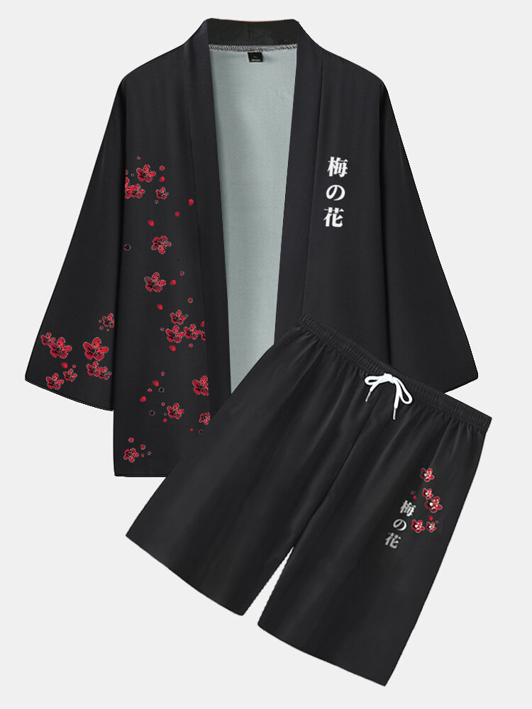 Mens Plum Bossom Japanese Pirnt Open Front Kimono Two Pieces Outfits