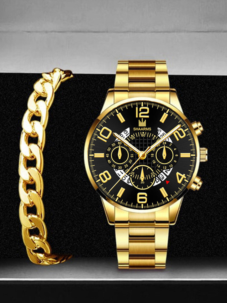 2 Pcs/Set Alloy Men Casual Round Big Dial Watch Decorated Pointer Calendar Quartz Watch Chain Bracelet