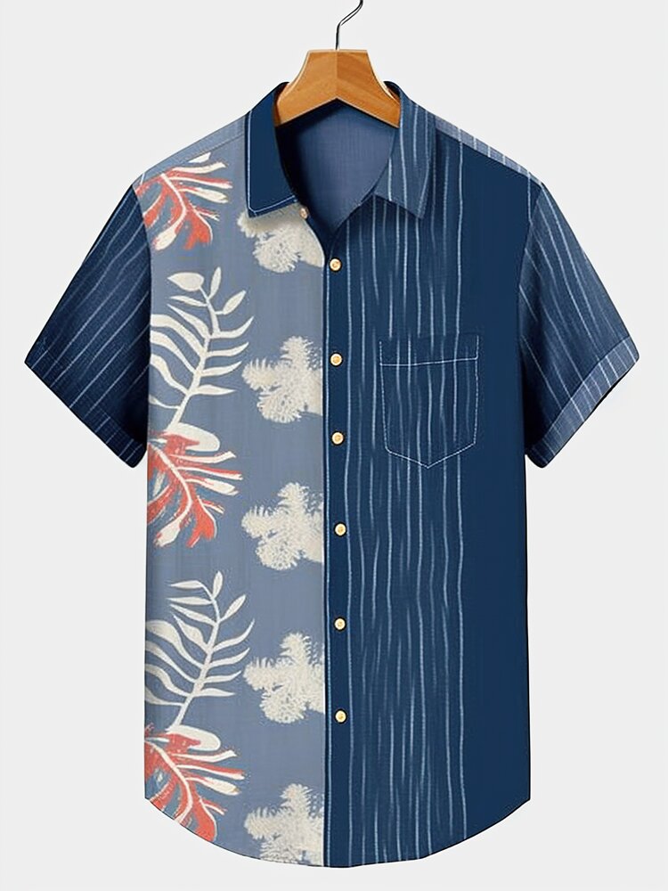 

Mens Tropical Plant Striped Print Patchwork Hawaiian Vacation Shirts, Blue