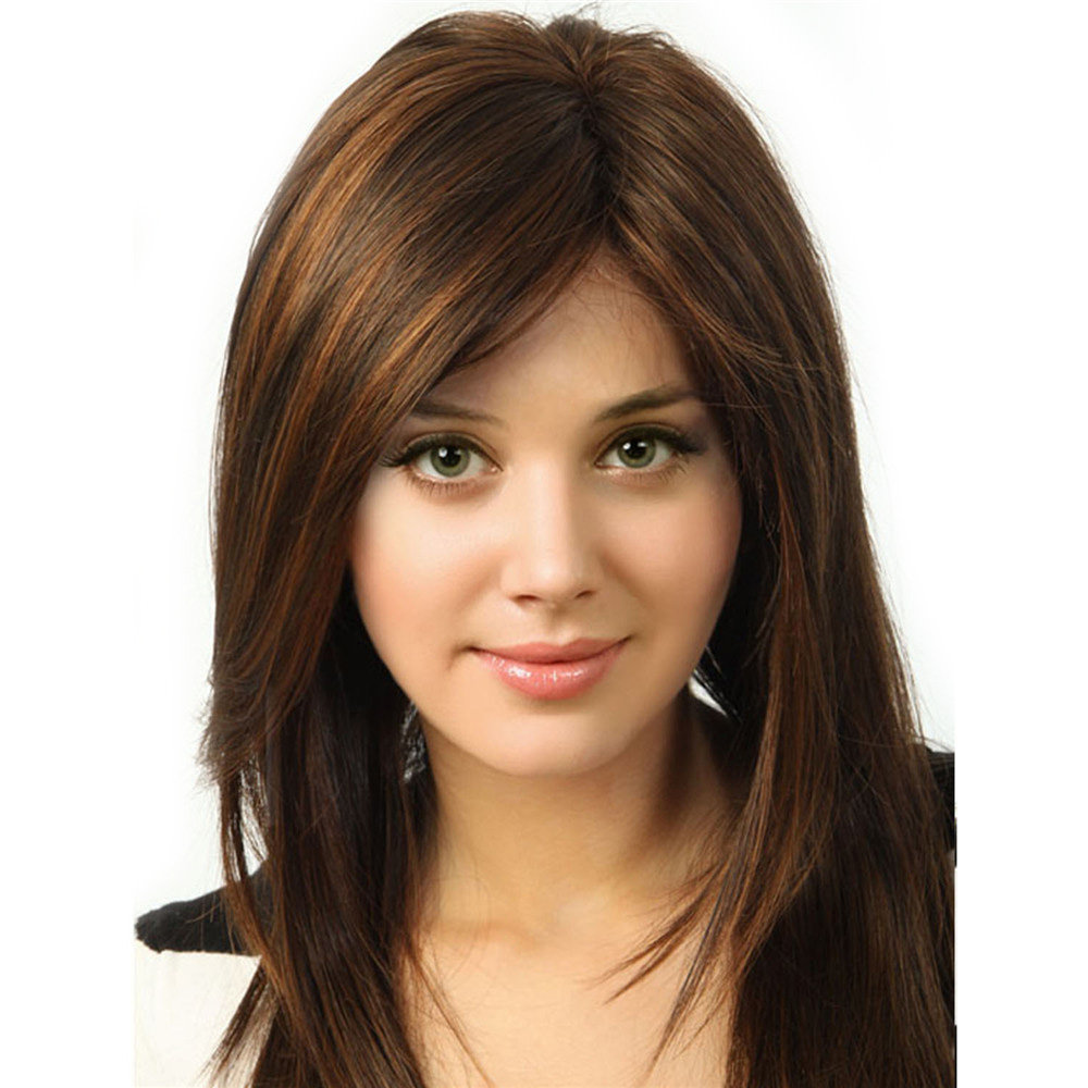 

Medium Length Synthetic Streak Dark Brown Blonde Cosplay Hair Wig Women 48cm