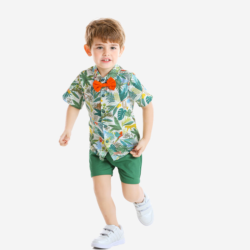 

Boy's Green Coconut Palm Print T-shirt+Pants Beach Vacation Casual Set For 1-8Y