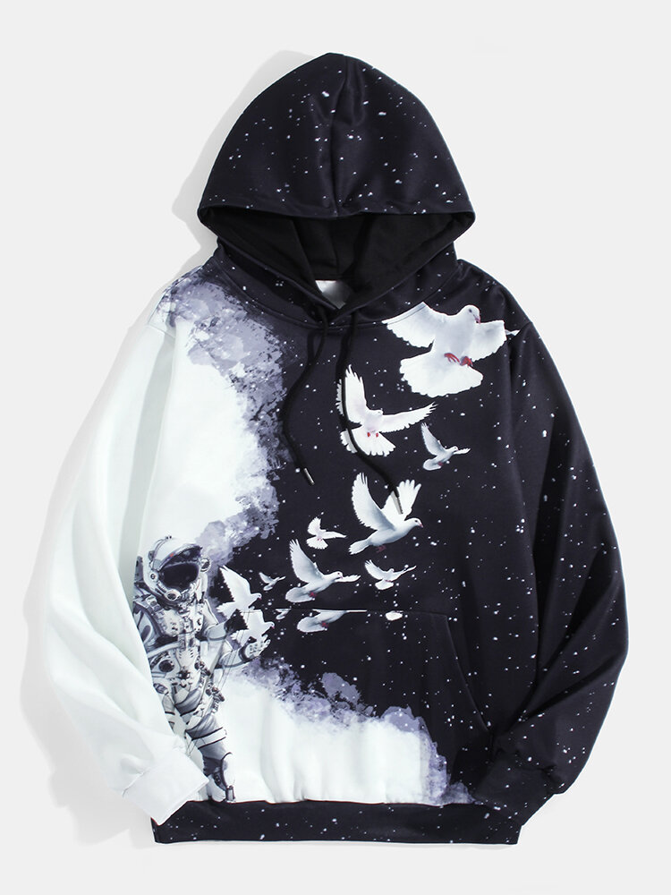 Mens 3D Pigeon Astronaut Print Drawstring Hoodies With Pouch Pocket
