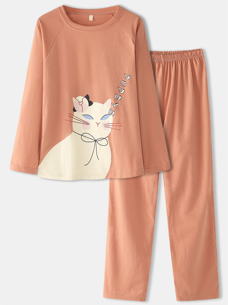 Women Cartoon Cat Solid Color Elastic Waist Loose Pants Home Pajamas Set
