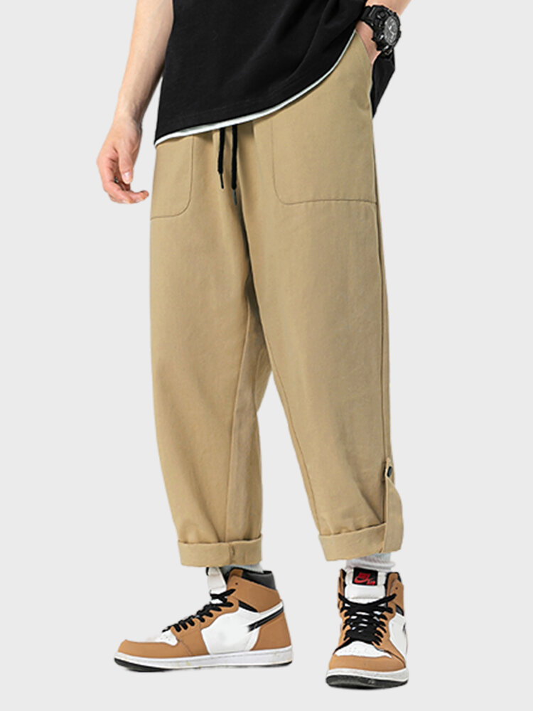 

Mens Solid Drawstring Waist Side Pockets Casual Pants, Khaki