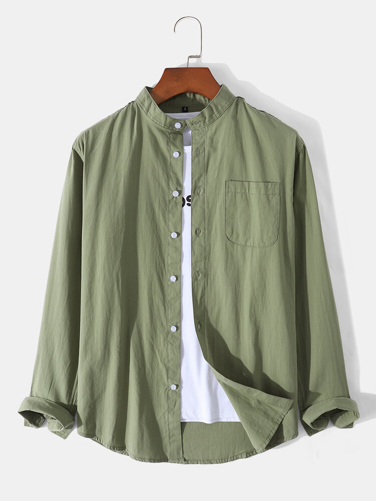 Mens Solid Color Grandad Collar Cotton Basics Short Sleeve Shirts