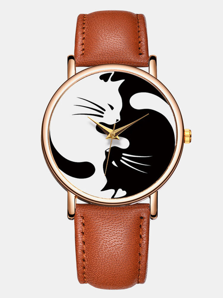 Elegant All-Match Leather Strap Men Watch Black-White Cat Design Women Quartz Watch