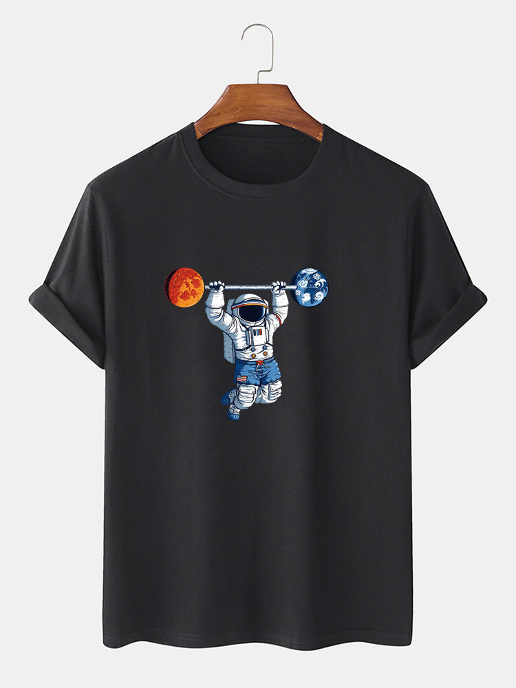 Mens 100% Cotton Cartoon Astronaut Print Loose Thin Round Neck T-Shirt