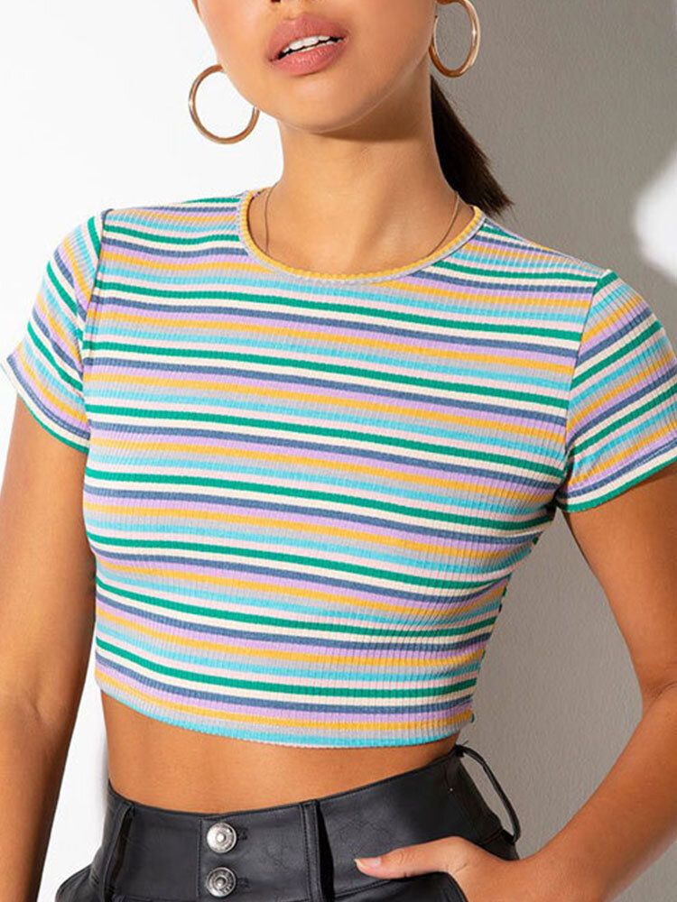 Multicolor Stripe Print Short Sleeve Crew Neck Crop Top