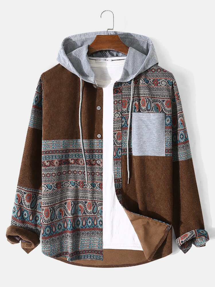 Mens Vintage Paisley Pattern Patchwork Corduroy Long Sleeve Hooded Shirts