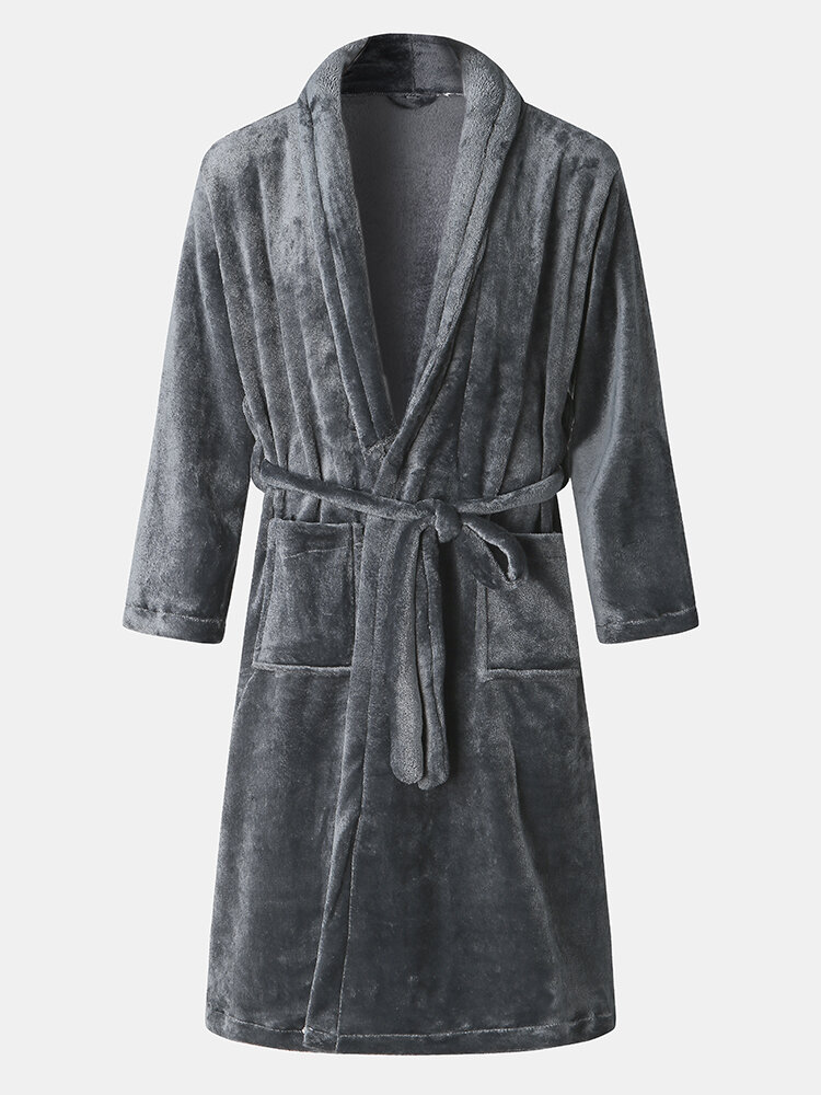 

Mens Winter Wearable Flannel Thick Casual Homewear Nightgown Plain Color Robe, Grey