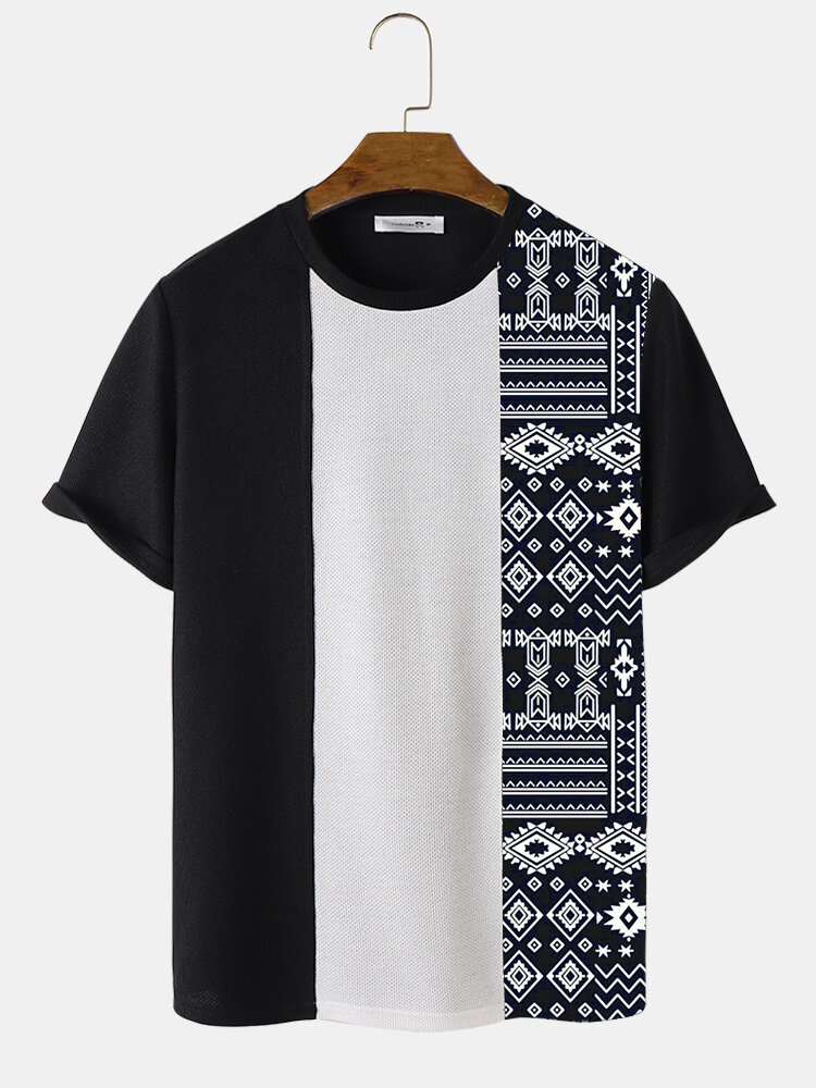 

Mens Monochrome Ethnic Geometric Print Patchwork Crew Neck Short Sleeve T-Shirts, Black