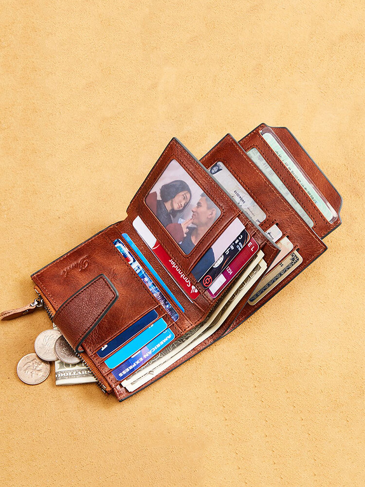 Genuine Leather Mens Wallet Zipper Short Coin QR  RFID Antimagnetic Card Holder 