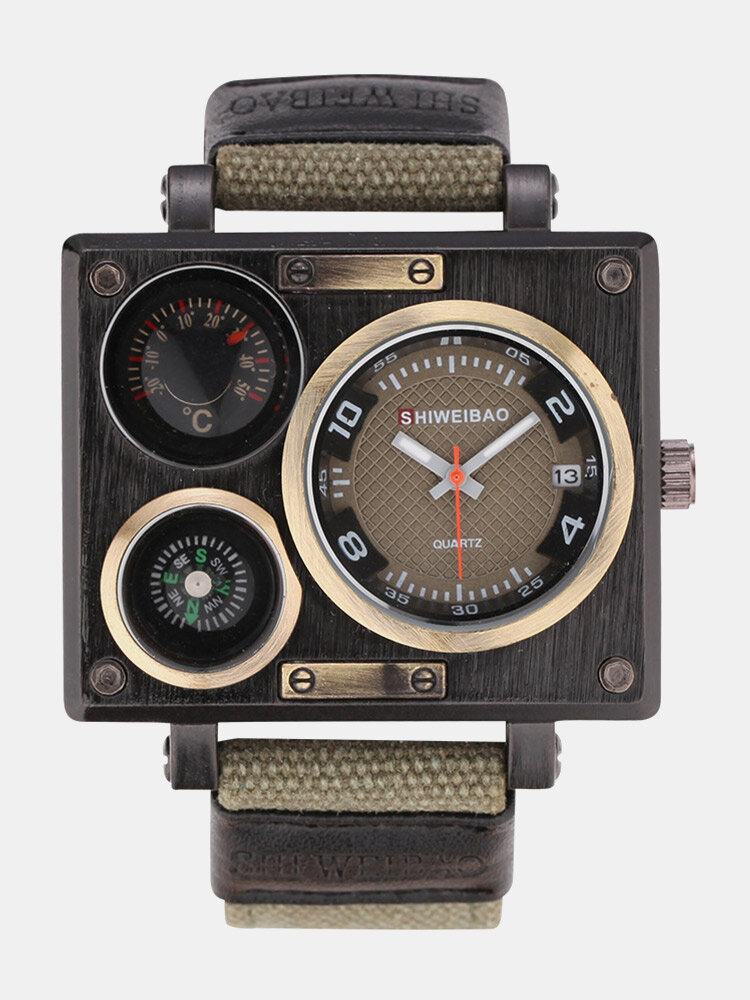3 Colors Canvas Alloy Men Business Watch Decorated Pointer Compass Thermometer Calendar Quartz Watch