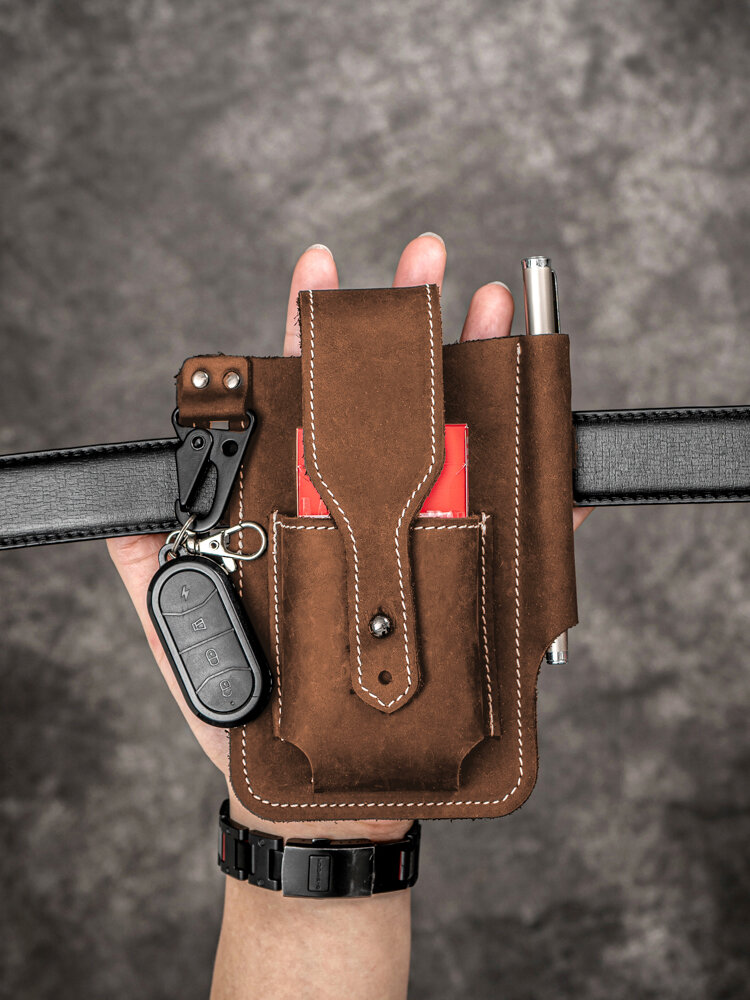 Ekphero Men EDC Genuine Leather Keychain Holder 6.5 Inch Phone Bag Waist Bag Wallet