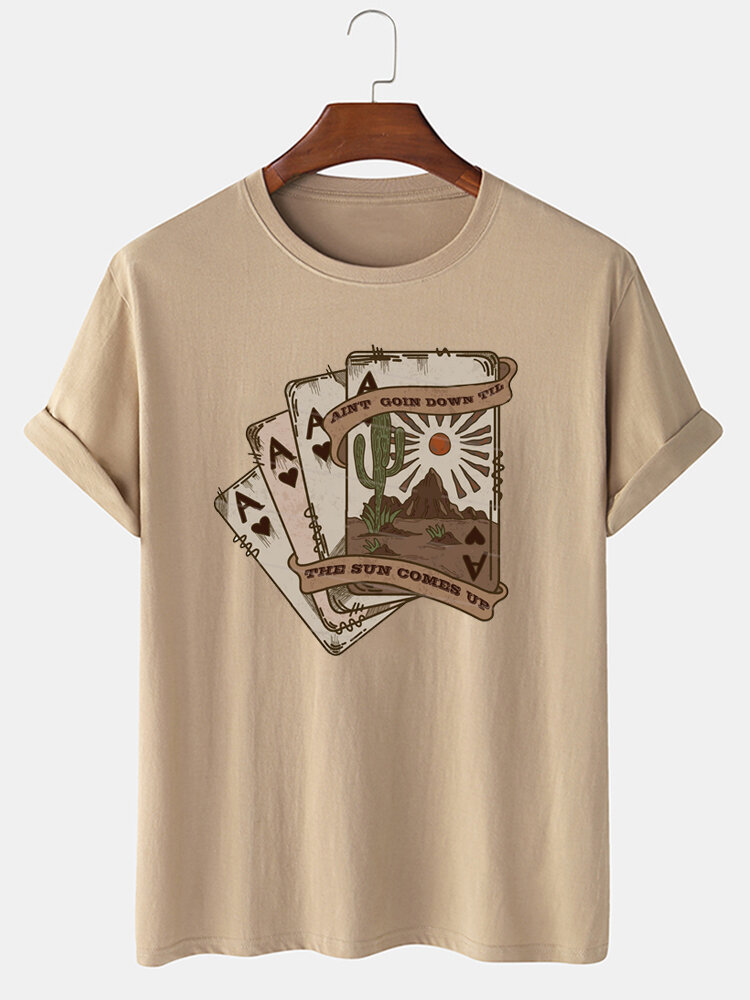 

Mens Cactus Desert Poker Print Crew Neck Short Sleeve T-Shirts Winter, Apricot