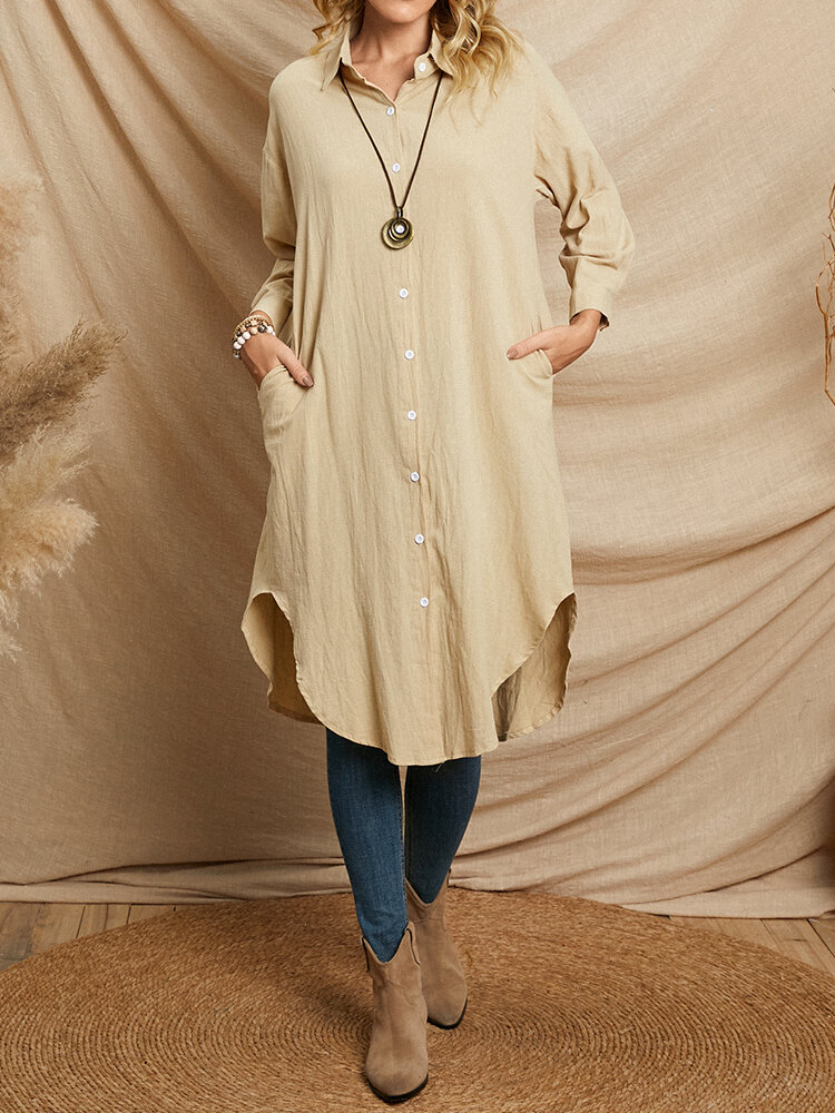 Solid Pocket Button Lapel Long Sleeve Loose Blouse