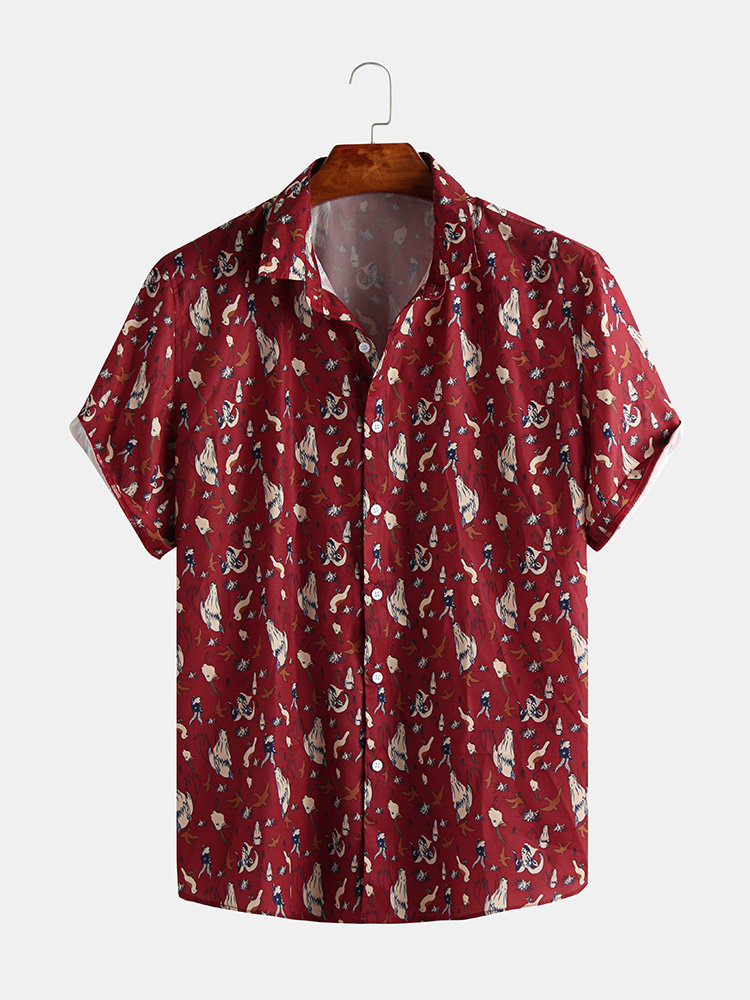 Mens Abstract Floral Printed Chest Pocket Short Sleeve Shirts