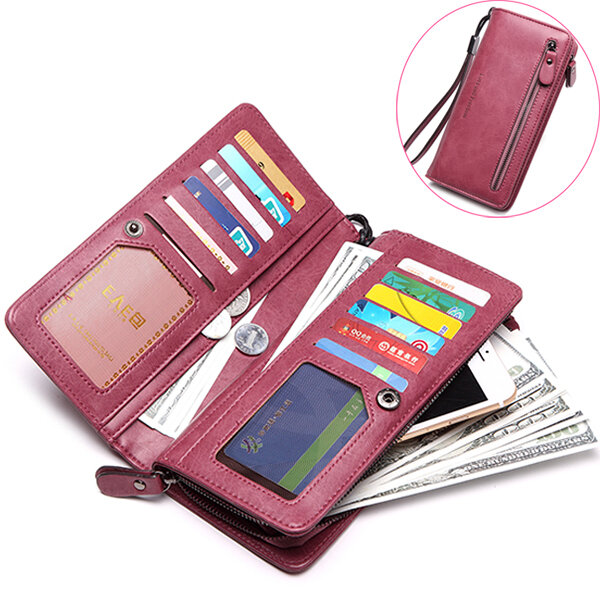 

Stylish PU Leather Long Wallet Card Holder Coins Bag Zipper Purse, Black;gray;pink;dark blue;wine red