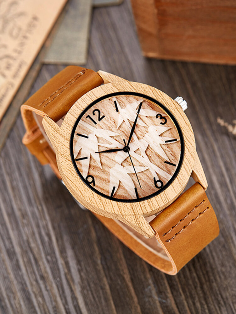2 Colors Wooden PU Couple Vintage Carved Dial Bamboo Wood Watch Decorative Pointer Quartz Watch