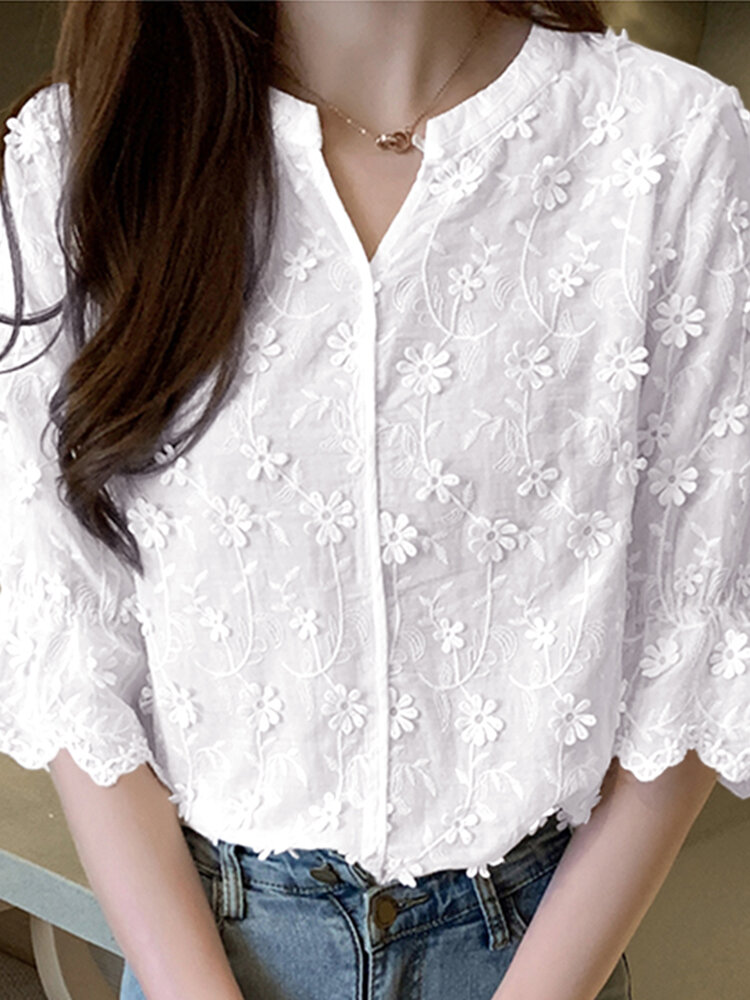 Stereo Floral Half Sleeve Notch Neck Casual Blouse