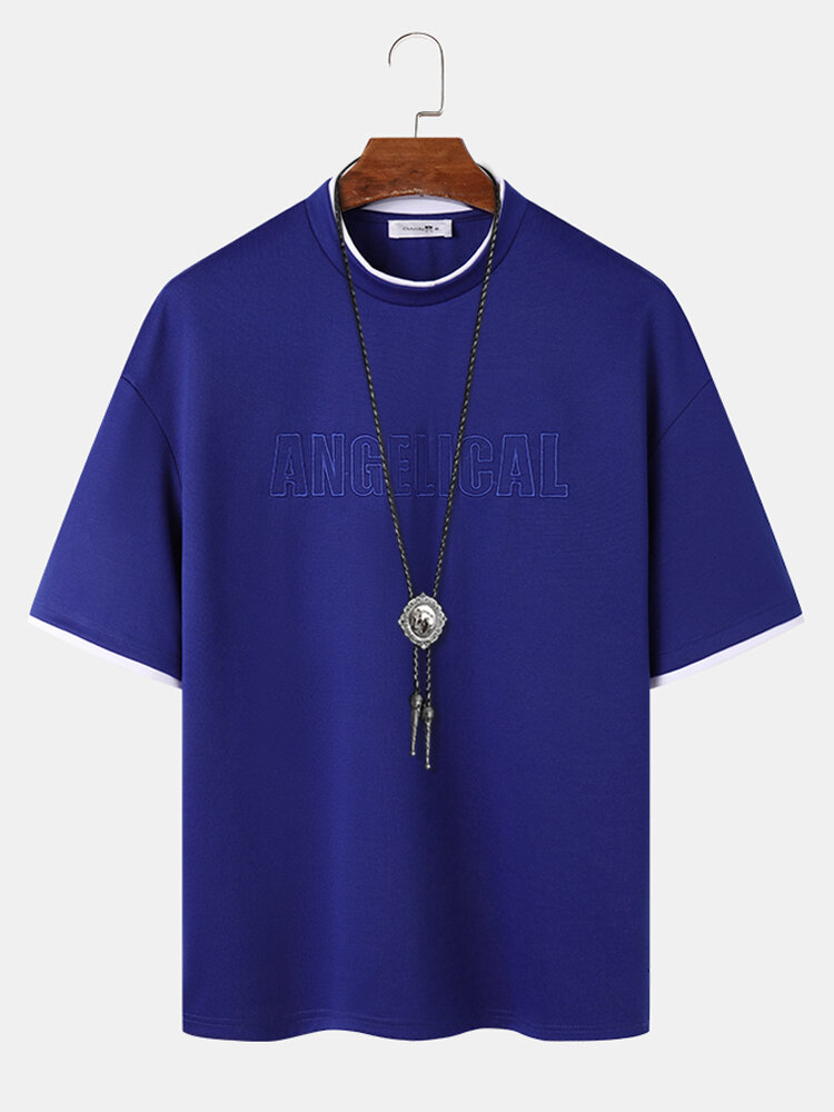 

Mens Letter Embroidery Contrast Trim Stitching Short Sleeve T-Shirts, Blue