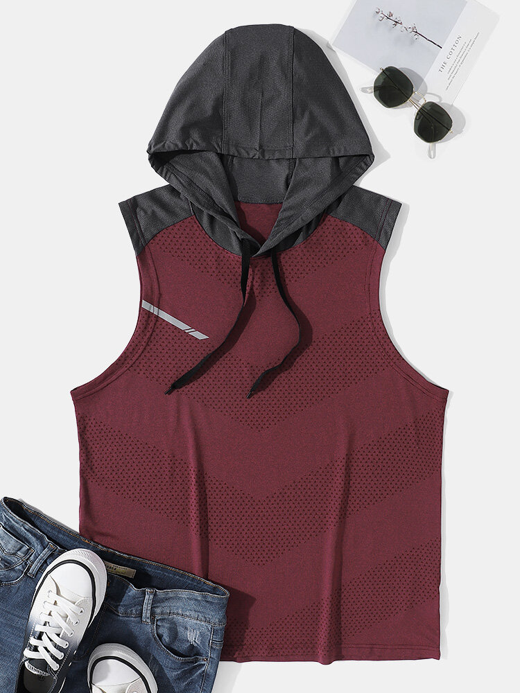 Men Mesh Breathable Patchwork Hooded Sleeveless Fitness T-Shirts