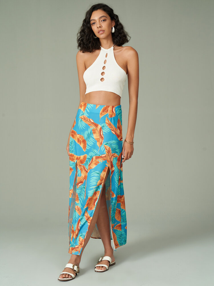 Women Tropical Leaves Print Double Slit Beach Skirt