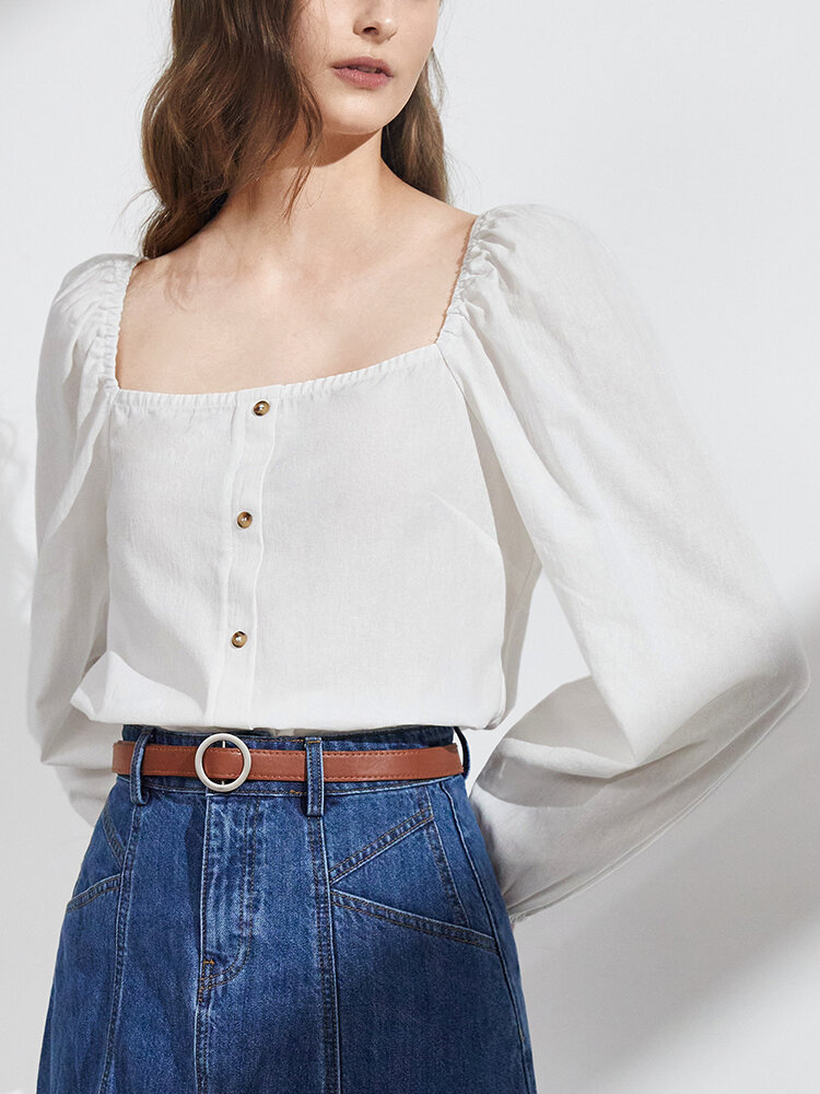 Solid Color Square Collar Button Lantern Sleeve Blouse от Newchic WW