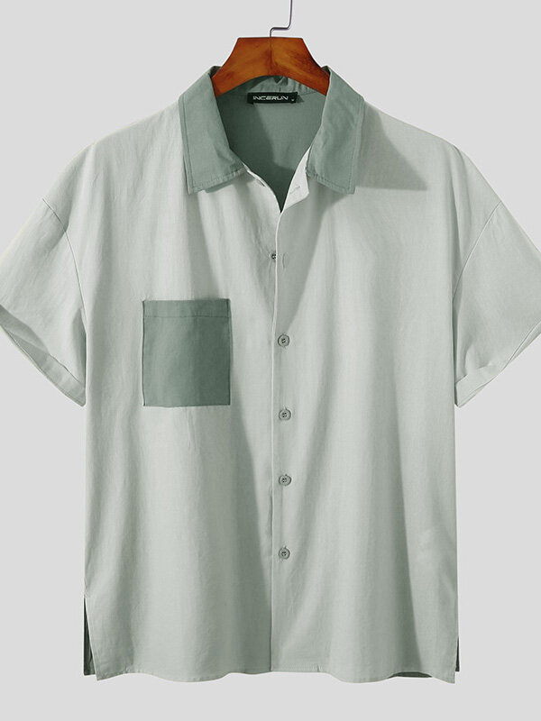 Plus Size Mens 100% Cotton Two Tone Patchwork Lapel Short Sleeve Fashion Shirt