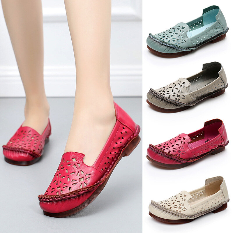 Leather Handmade Stitching Hollow Out Slip On Casual Flat Loafers