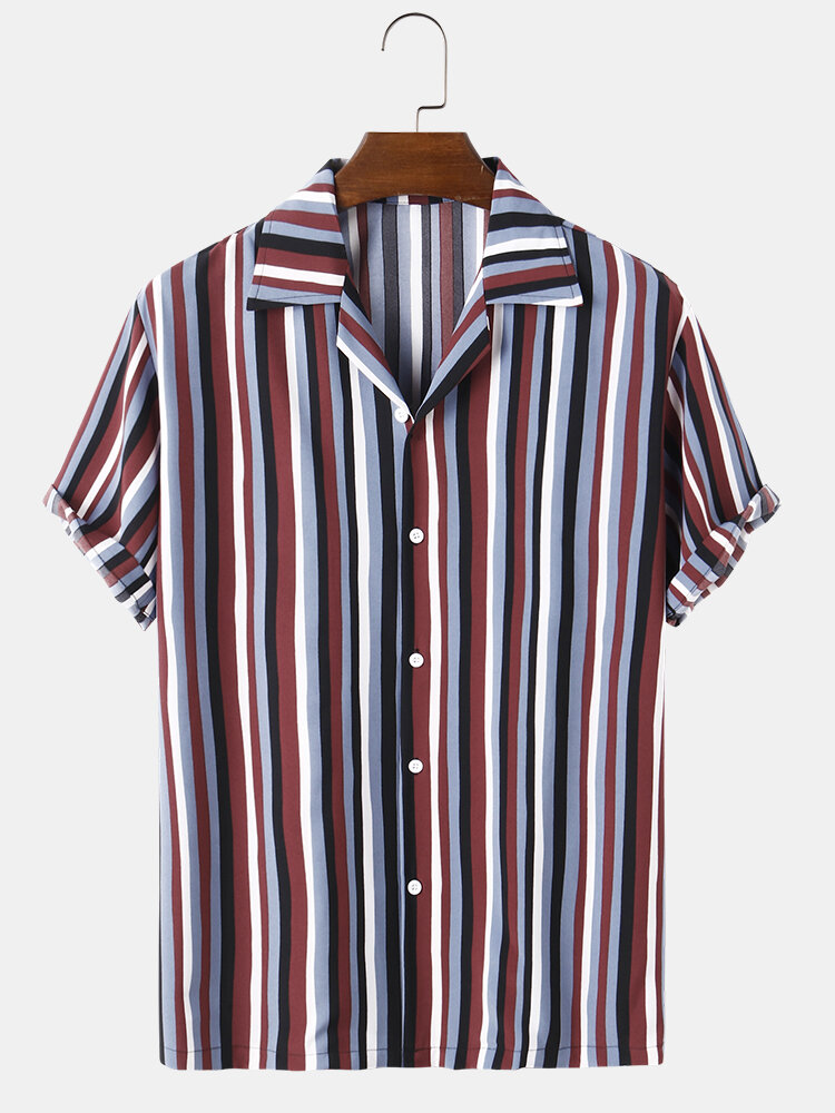 Mens Multi-Color Striped Print Loose Casual Short Sleeve Shirts